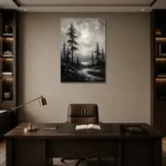 Luminous Pine Forest Monochrome Wall Art Canvas Print displayed in a contemporary gallery-inspired room