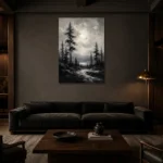 Luminous Pine Forest Monochrome Wall Art Canvas Print shown in a warm modern interior