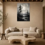 Luminous Pine Forest Monochrome Wall Art Canvas Print presented in a sophisticated home setting