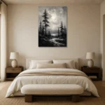 Luminous Pine Forest Monochrome Wall Art Canvas Print showcased in an elegant minimalist interior
