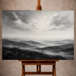 Misty Monochrome Wall Art print featuring layered rolling hills beneath an expansive sky for elegant interiors