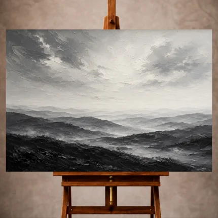 Misty Monochrome Wall Art print featuring layered rolling hills beneath an expansive sky for elegant interiors