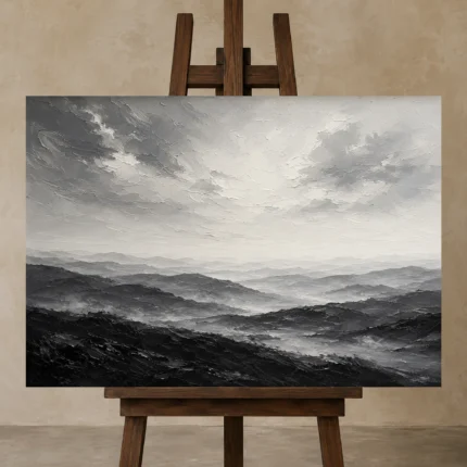Expansive Misty Hills Monochrome Wall Art Canvas Print shown in Studio Easel