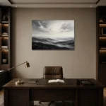 Expansive Misty Hills Monochrome Wall Art Canvas Print displayed in a contemporary gallery-inspired room
