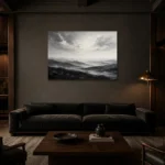 Expansive Misty Hills Monochrome Wall Art Canvas Print shown in a warm modern interior