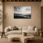 Expansive Misty Hills Monochrome Wall Art Canvas Print presented in a sophisticated home setting