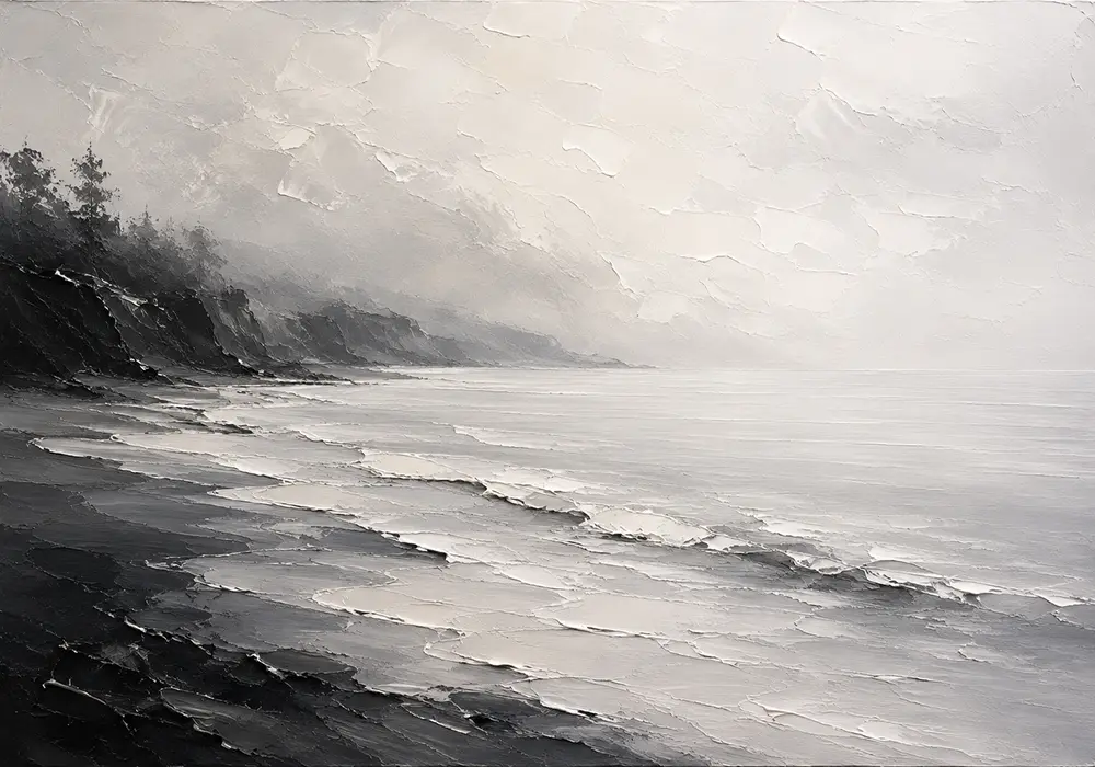 Fogbound Shoreline Monochrome Wall Art Canvas Print