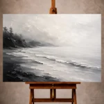 Charcoal Monochrome Wall Art print featuring smooth shoreline waves fading into a fog-covered horizon for elegant interiors