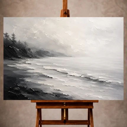 Charcoal Monochrome Wall Art print featuring smooth shoreline waves fading into a fog-covered horizon for elegant interiors