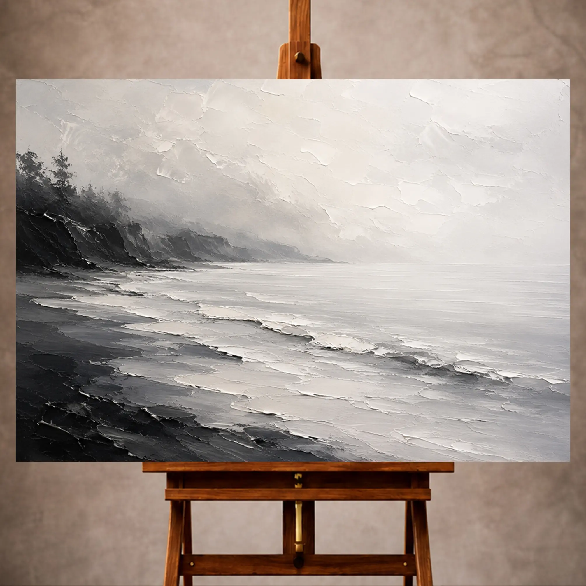Premium Wall Art Yatay Html Edition – Monocrome042 Image 1 Charcoal Monochrome Wall Art print featuring smooth shoreline waves fading into a fog-covered horizon for elegant interiors