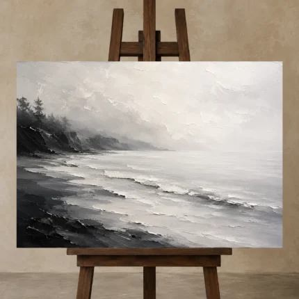 Fogbound Shoreline Monochrome Wall Art Canvas Print shown in Studio Easel