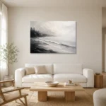Fogbound Shoreline Monochrome Wall Art Canvas Print styled in a refined neutral interior