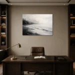Fogbound Shoreline Monochrome Wall Art Canvas Print displayed in a contemporary gallery-inspired room