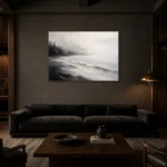 Fogbound Shoreline Monochrome Wall Art Canvas Print shown in a warm modern interior