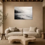 Fogbound Shoreline Monochrome Wall Art Canvas Print presented in a sophisticated home setting
