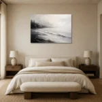 Fogbound Shoreline Monochrome Wall Art Canvas Print showcased in an elegant minimalist interior