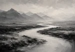 Winding River Plains Monochrome Wall Art Canvas Print