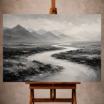 Monochrome Wall Art print featuring a winding river through open plains with hazy mountain silhouettes