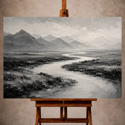 Monochrome Wall Art print featuring a winding river through open plains with hazy mountain silhouettes