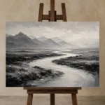Winding River Plains Monochrome Wall Art Canvas Print displayed on a studio easel