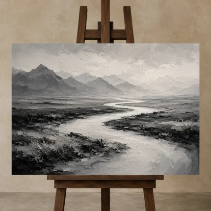 Winding River Plains Monochrome Wall Art Canvas Print displayed on a studio easel