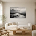 Winding River Plains Monochrome Wall Art Canvas Print styled in a refined neutral interior