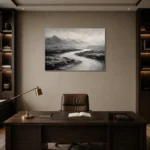 Winding River Plains Monochrome Wall Art Canvas Print displayed in a contemporary gallery-inspired room
