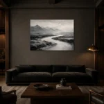Winding River Plains Monochrome Wall Art Canvas Print shown in a warm modern interior