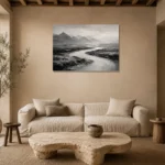 Winding River Plains Monochrome Wall Art Canvas Print presented in a sophisticated home setting
