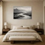 Winding River Plains Monochrome Wall Art Canvas Print showcased in an elegant minimalist interior