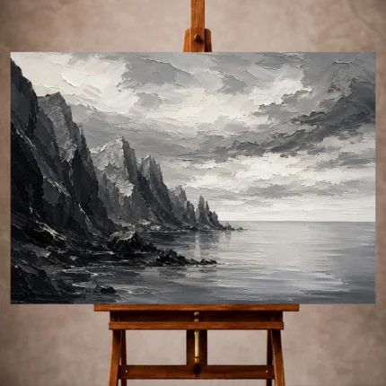 Dramatic Monochrome Wall Art print featuring coastal rock formations beneath layered clouds for elegant interiors