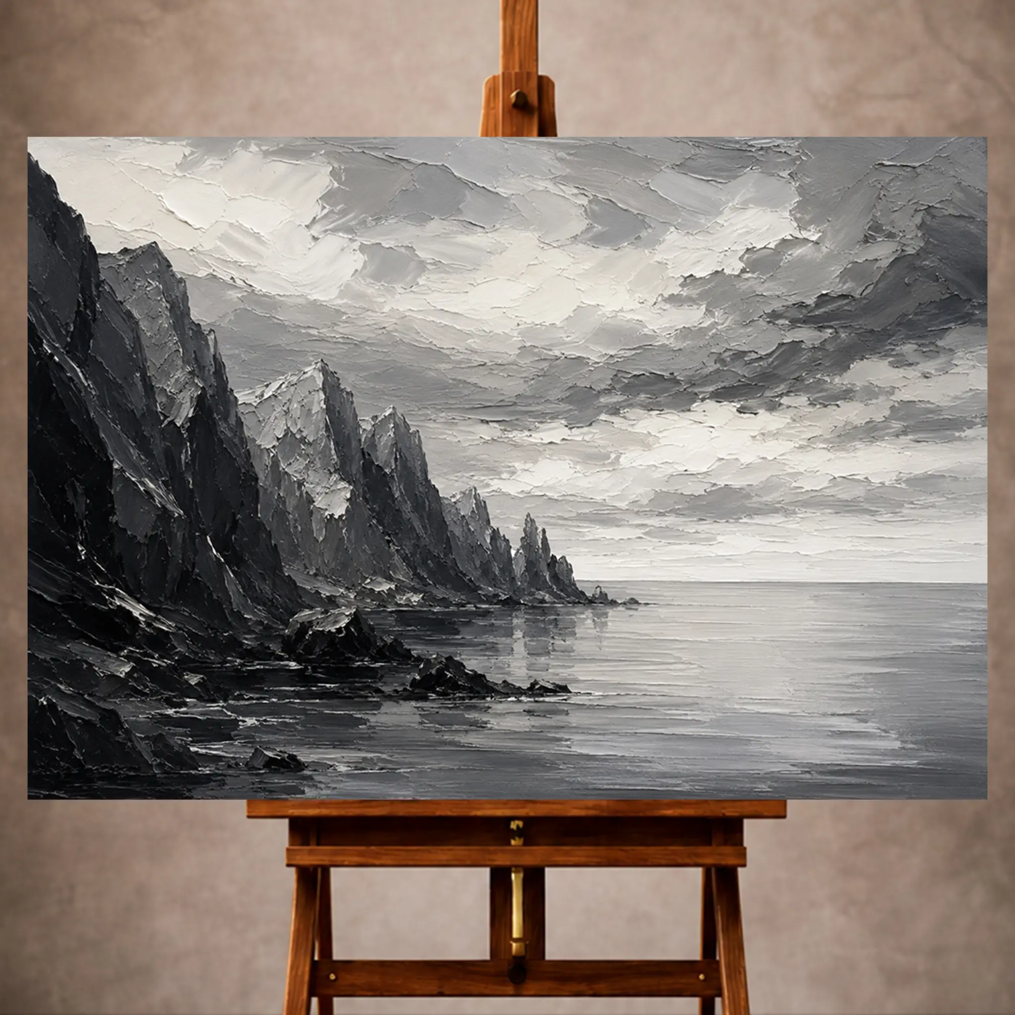Premium Wall Art Yatay Html Edition – Monocrome044 Image 1 Dramatic Monochrome Wall Art print featuring coastal rock formations beneath layered clouds for elegant interiors