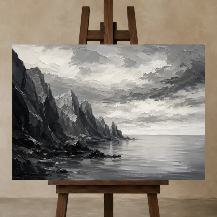Sculptural Coastal Rocks Monochrome Wall Art Canvas Print displayed on a studio easel