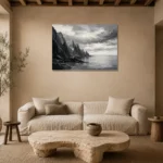 Sculptural Coastal Rocks Monochrome Wall Art Canvas Print presented in a sophisticated home setting