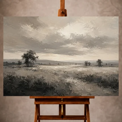 Warm gray Monochrome Wall Art print featuring open grasslands and distant trees beneath a luminous overcast sky