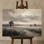 Softly Lit Grasslands Monochrome Wall Art Canvas Print displayed on a studio easel