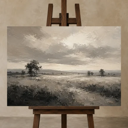 Softly Lit Grasslands Monochrome Wall Art Canvas Print displayed on a studio easel