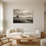Softly Lit Grasslands Monochrome Wall Art Canvas Print styled in a refined neutral interior