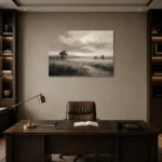 Softly Lit Grasslands Monochrome Wall Art Canvas Print displayed in a contemporary gallery-inspired room