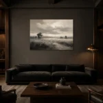 Softly Lit Grasslands Monochrome Wall Art Canvas Print shown in a warm modern interior