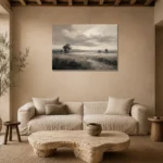 Softly Lit Grasslands Monochrome Wall Art Canvas Print presented in a sophisticated home setting