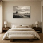 Softly Lit Grasslands Monochrome Wall Art Canvas Print showcased in an elegant minimalist interior