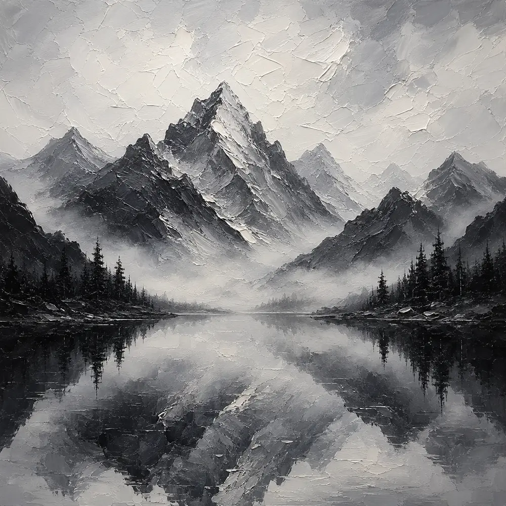 Fog Veiled Mountain Lake Monochrome Wall Art Canvas Print