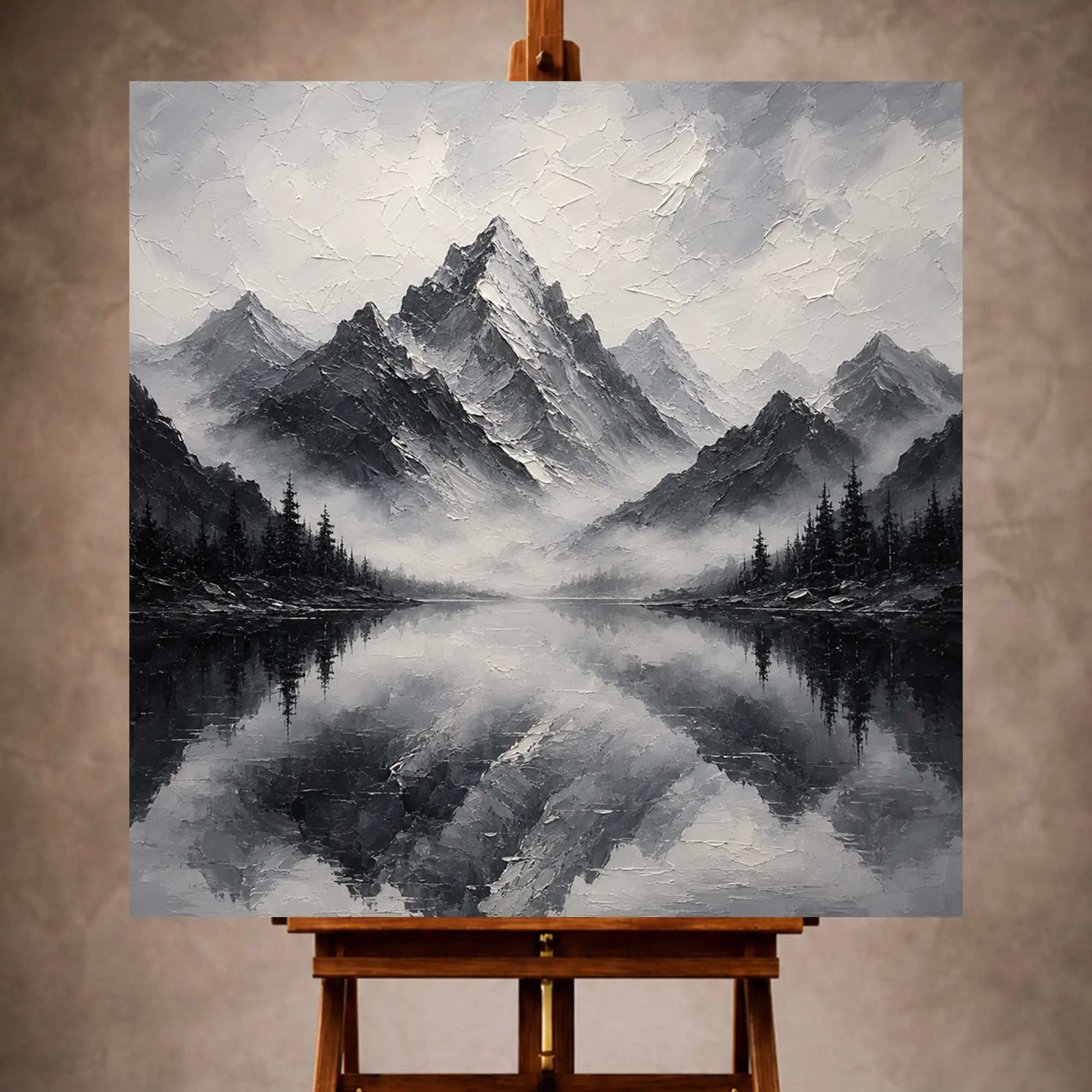 Premium Wall Art Kare Html Edition – Monocrome046 Image 1 Fog veiled Monochrome Wall Art print featuring a mountain lake reflecting layered peaks for elegant interiors