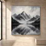 Fog Veiled Mountain Lake Monochrome Wall Art Canvas Print - Image 3