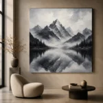 Fog Veiled Mountain Lake Monochrome Wall Art Canvas Print - Image 6