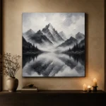 Fog Veiled Mountain Lake Monochrome Wall Art Canvas Print - Image 7