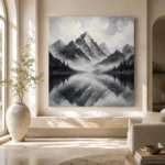 Fog Veiled Mountain Lake Monochrome Wall Art Canvas Print - Image 8
