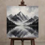 Fog Veiled Mountain Lake Monochrome Wall Art Canvas Print displayed on a studio easel