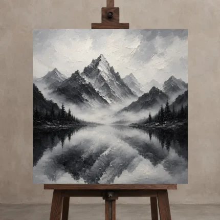 Fog Veiled Mountain Lake Monochrome Wall Art Canvas Print shown in Studio Easel